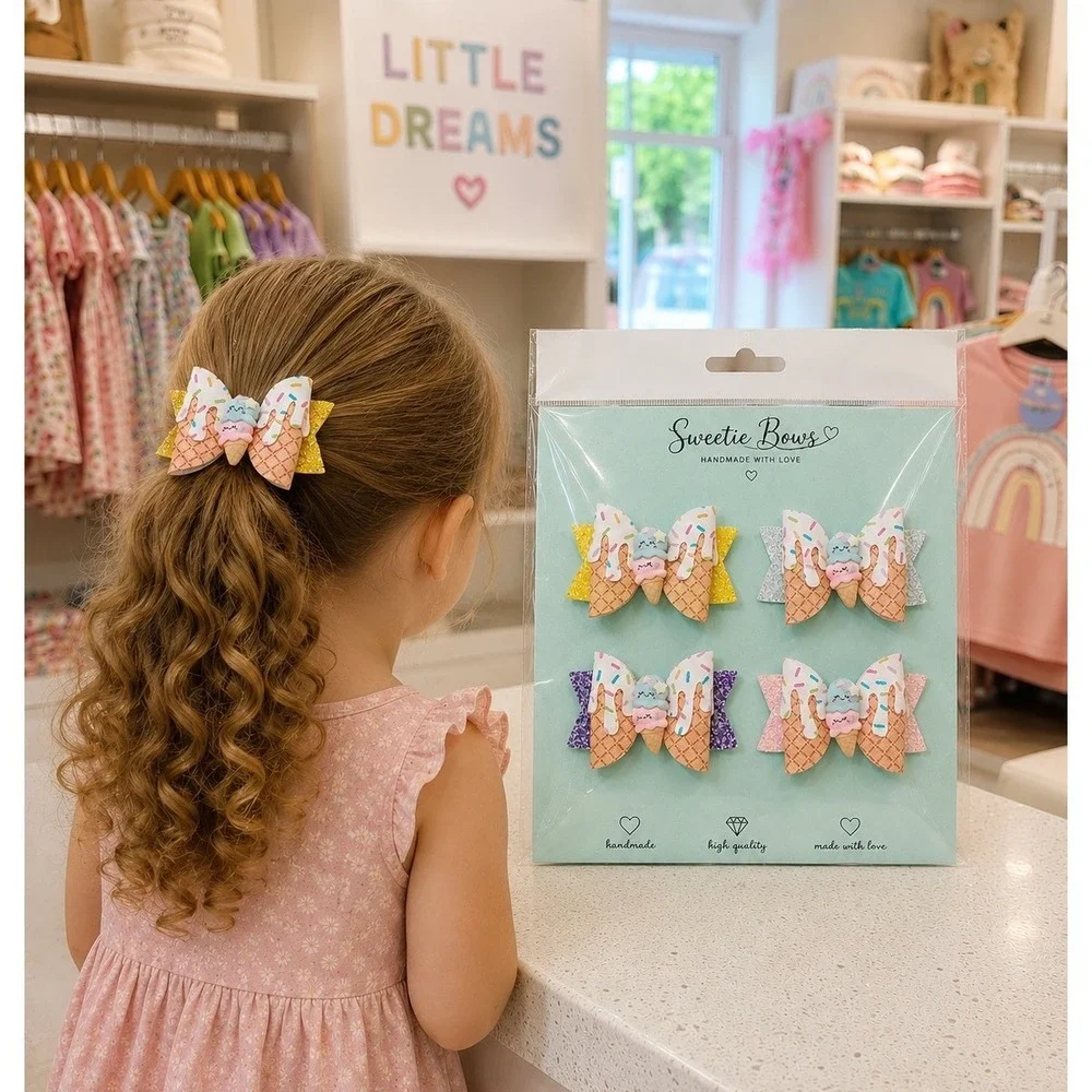 Sweetie Bows 4Pc Kids Ice Cream Glitter Hair Bow Set Alligator Clips Handmade